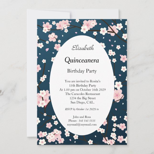 Quinceanera Ljus rosa Blommar Blå Inbjudningar (Framsida)