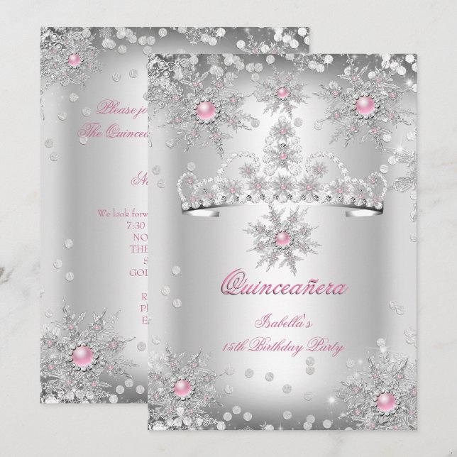 Quinceanera Ljusare rosa Silver Winter Wonderland Inbjudningar (Fram/baksida)