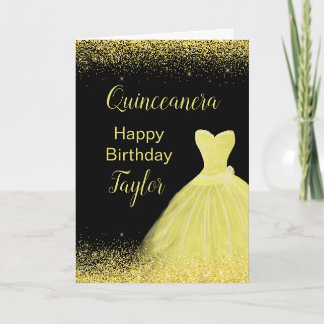 Quinceanera Ljusgul Klänning Falskt Glitter Kort (Framsida)
