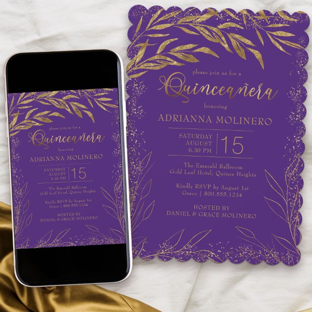 Quinceanera Luxury Lila and Guld Löv Birthday Inbjudningar (Modern Quinceanera invitation in purple from my Gold Leaf Collection)