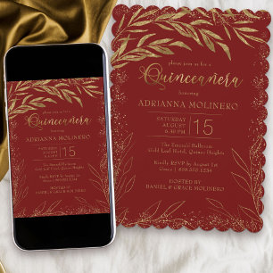 Quinceanera Luxury Red and Guld Lövs bjudande Inbjudningar