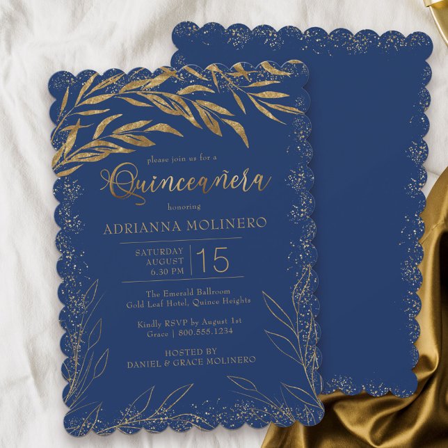 Quinceanera Luxury Royal Blue and Guld Löv Inbjudningar (Modern Quinceanera invitation in blue from my Gold Leaf Collection)