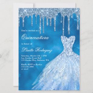 Quinceanera - lyxblåa Glitter Inbjudningar