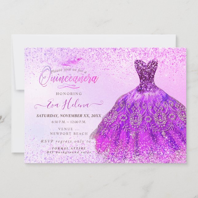 Quinceañera, Magenta Glitter Dress Inbjudningar (Framsida)