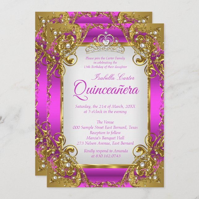 Quinceanera Magenta Golden Pearl Tiara Party Inbjudningar (Fram/baksida)