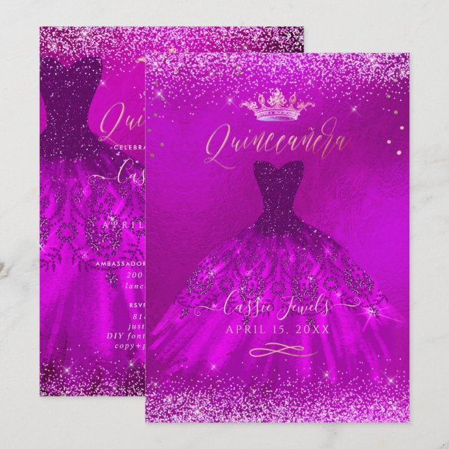 Quinceanera Magenta Guld Confetti+Princess Inbjudningar (Fram/baksida)