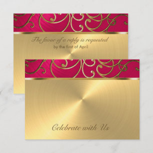 Quinceanera Magenta Rosa och Guld Filigree Swirls Inbjudningar