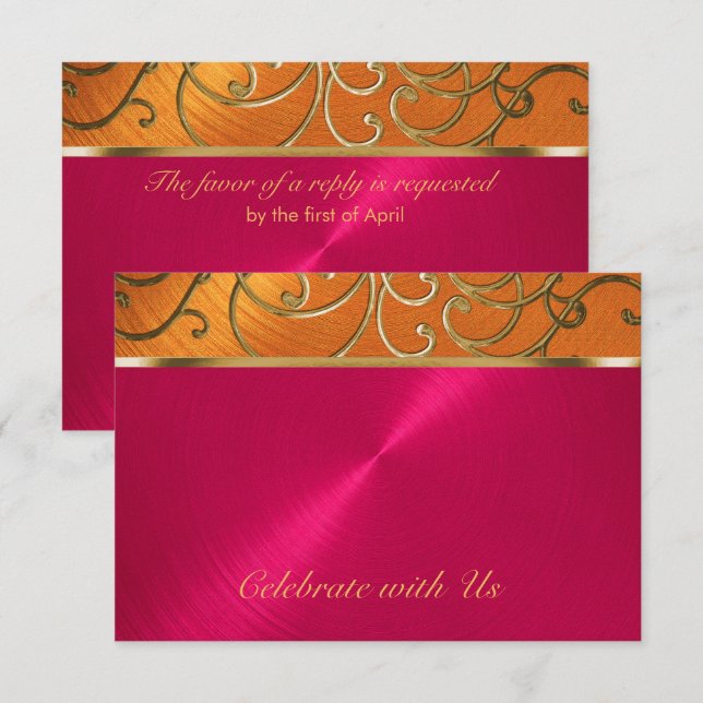 Quinceanera Magenta Rosa Orange Guld Filigree Inbjudningar (Fram/baksida)