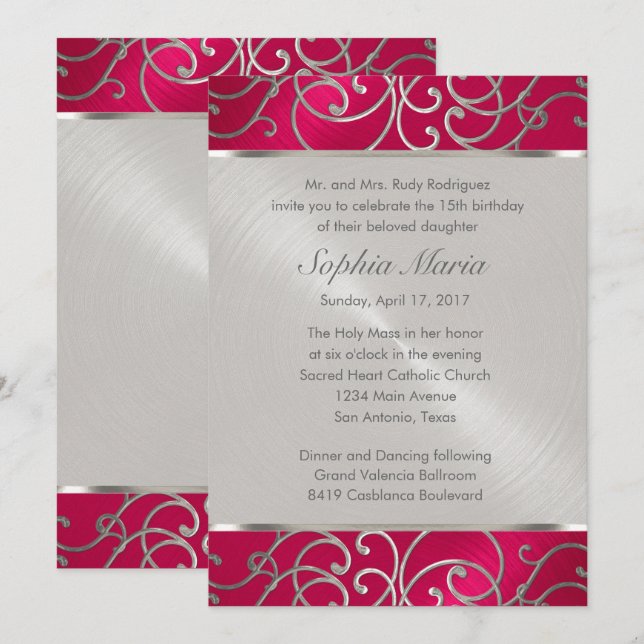 Quinceanera Magenta Rosa Silver Filigree Swirls Inbjudningar (Fram/baksida)