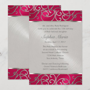 Quinceanera Magenta Rosa Silver Filigree Virvlar Inbjudningar