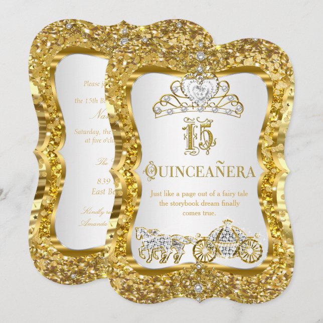 Quinceanera Magisk Tiara Guld Vit Inbjudan (Fram/baksida)