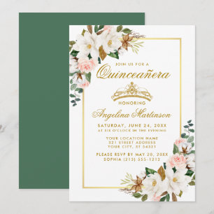 Quinceanera Magnolia Ro Blommigt Guld Grönt Inbjudningar