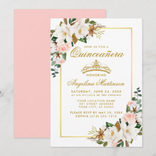 Quinceanera Magnolia Rosa ros Blommigt Guld Inbjudningar