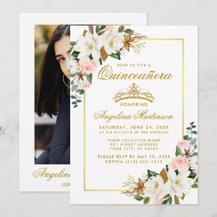 Quinceanera Magnolias Ro Blommigt Guld Photo Inbjudningar