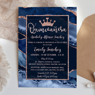Quinceañera Marble Agate Navy Blue Photo Spain Inbjudningar