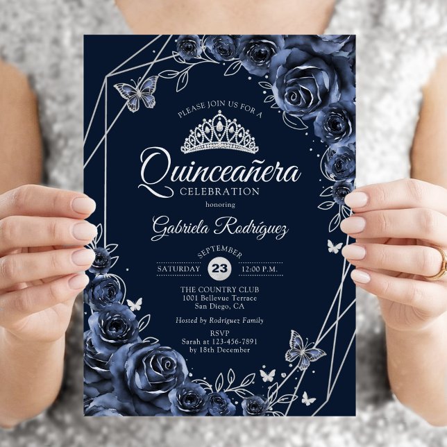 Quinceanera Marin Silver Blommig Inbjudningar (Skapare uppladdad)