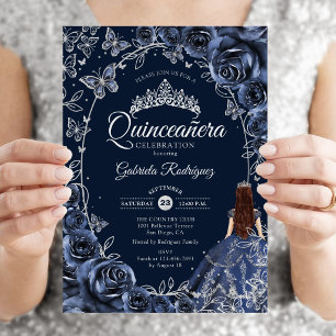 Quinceanera Marin Silverfjärilar Rosor Inbjudningar