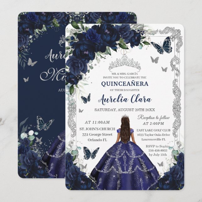 Quinceañera Marinblå Blommig Silver Prinsessa  Inbjudningar (Fram/baksida)