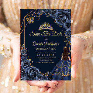 Quinceanera Marinblå Guld Fjärils Klänning Blommig Spara Datumet