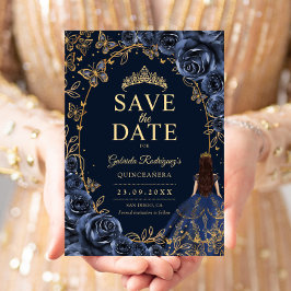 Quinceanera Marinblå Guld Spara Datumet