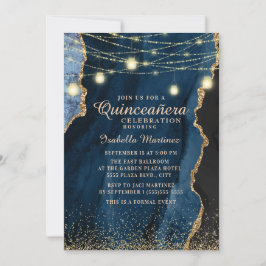 Quinceañera marinblå guldglittersträngljus inbjudningar