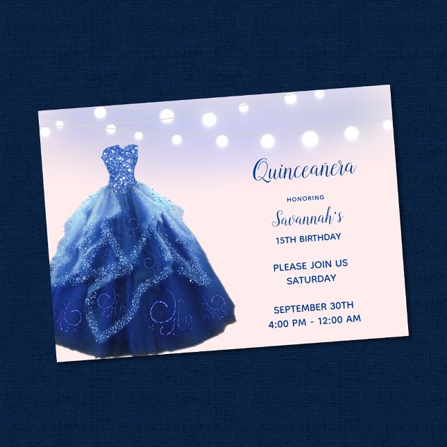 Quinceanera Marinblå Rosafärgade Strängljus Inbjudningar (Skapare uppladdad)