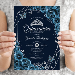 Quinceanera Marinblå Silver Blommig Inbjudningar