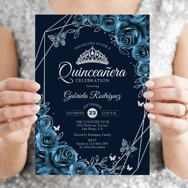 Quinceanera Marinblå Silver Blommig Inbjudningar (Skapare uppladdad)