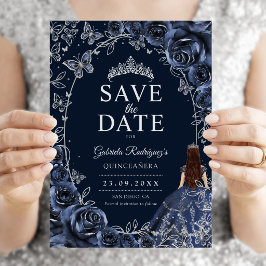 Quinceanera Marinblå Silver Spara Datumet