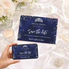 Quinceañera marinblå silvertiara glamourös spara datumet