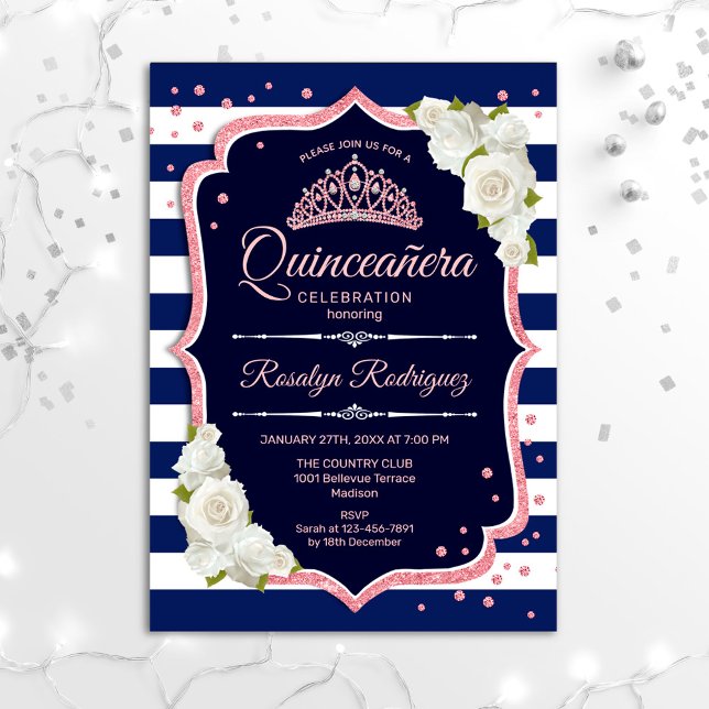 Quinceanera - marinens Vit ros Guld Inbjudningar (Skapare uppladdad)