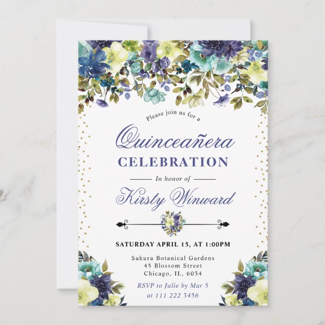 Quinceanera (marinskädda och blå sommarblommor) inbjudningar (Framsida)