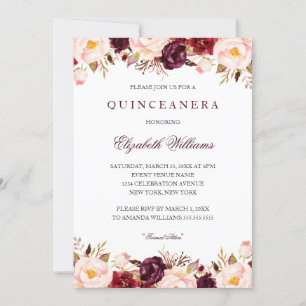Quinceanera Marsala Blommig Röd Burgunder 15:e Inbjudningar