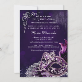 Quinceañera Mascarada Morado Plata Elegante Inbjudningar