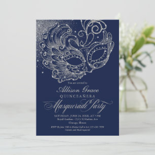 Quinceanera maskerad inbjudan marinblå silver