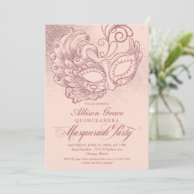 Quinceanera maskerad inbjudan rosa ros guld (Stående Fram)