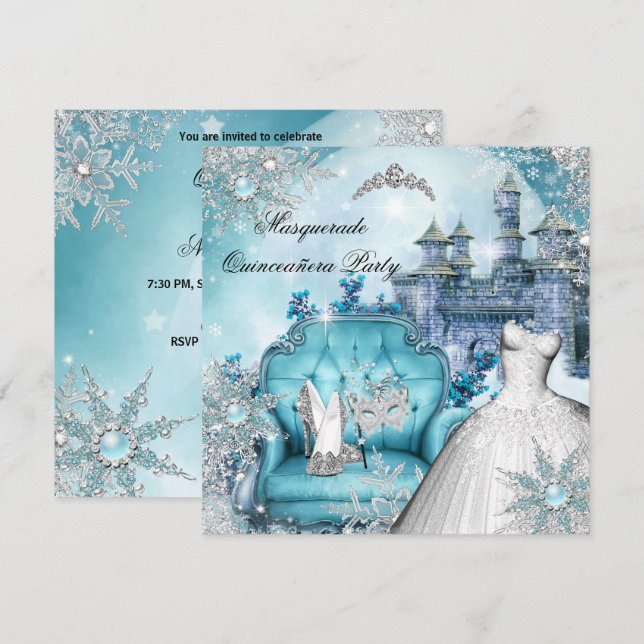 Quinceanera Maskerad Magisk Prinsessa Blå 2 Inbjudningar (Fram/baksida)