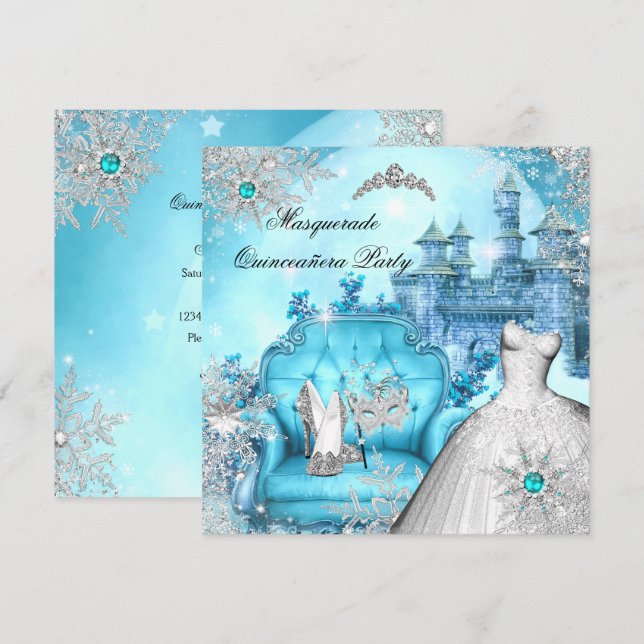 Quinceanera Maskerad Magisk Prinsessa Blå Turkos Inbjudningar (Fram/baksida)