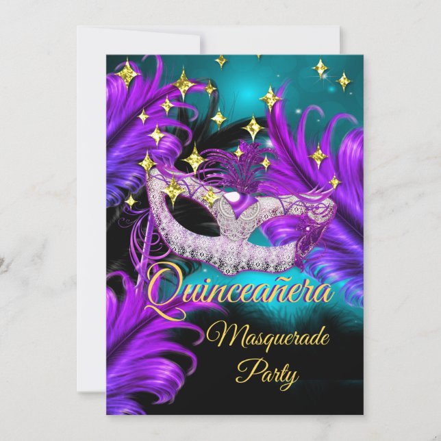 Quinceanera Maskerad mask Teal Lila svart Inbjudningar (Framsida)