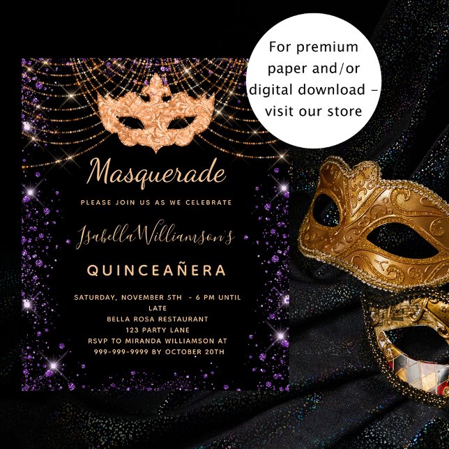 Quinceanera maskerad, svart budgetinbjudan flygblad (Skapare uppladdad)