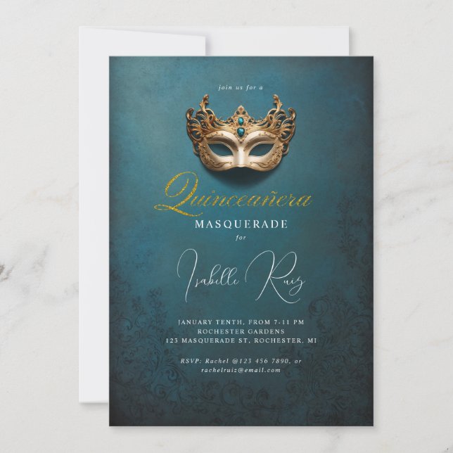 Quinceañera maskerad venetianskt mask inbjudningar (Framsida)