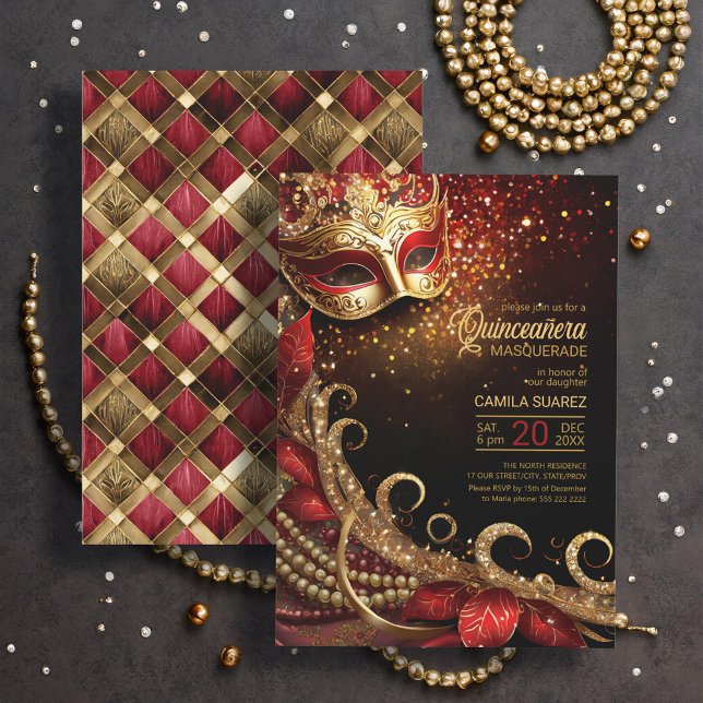 Quinceanera Masqueraad Red Guld ID1031 Inbjudningar (Skapare uppladdad)