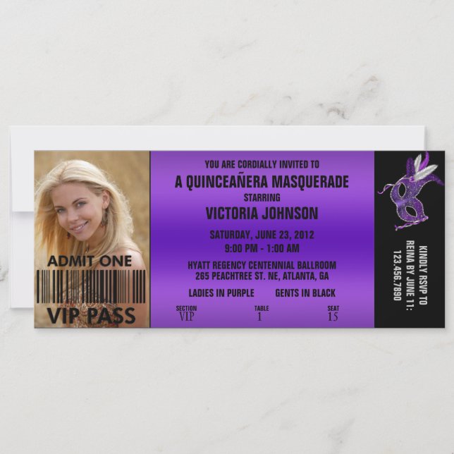 Quinceañera Masquerad VIP Adress Biljett Inbjudningar (Framsida)