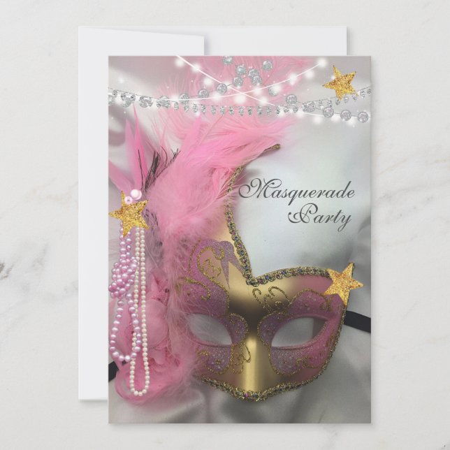 Quinceanera Masquerade Guld Glitter Rosa Pärlor Inbjudningar (Framsida)