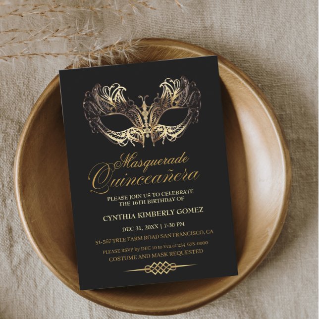 Quinceañera MasqueraGuld Black 16:e födelsedagen Inbjudningar (Skapare uppladdad)