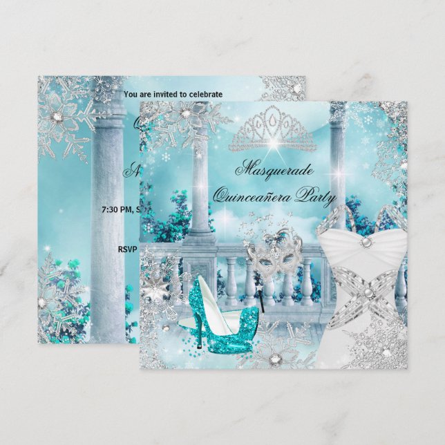 Quinceanera MasqueraMagic Princess Blue 3 Inbjudningar (Fram/baksida)