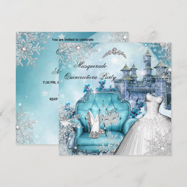Quinceanera MasqueraMagic Princess Blue Inbjudningar (Fram/baksida)