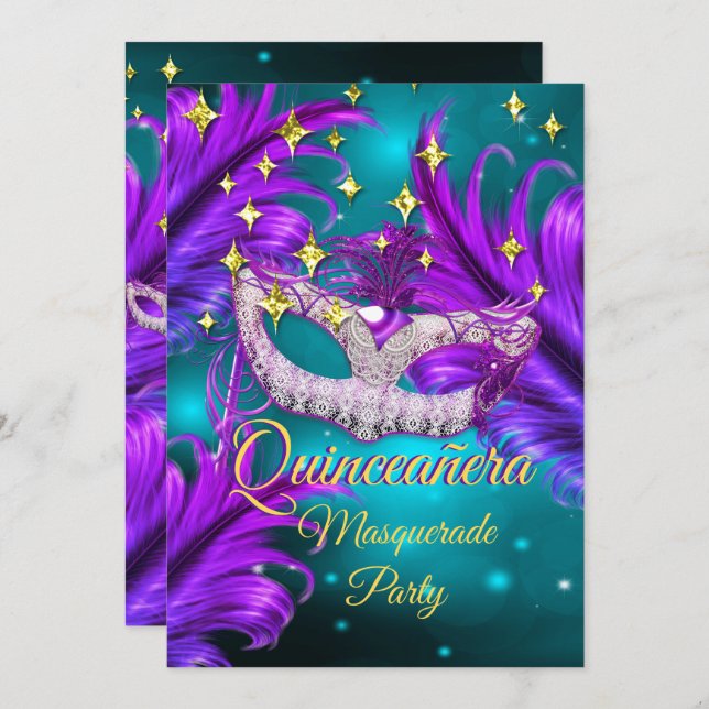 Quinceanera Masqueraparty mask Teal Lila guld Inbjudningar (Fram/baksida)