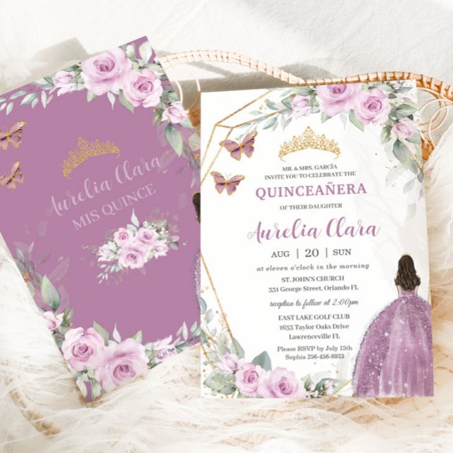 Quinceañera Mauve Blommigt Butterfly Princess Dres Inbjudningar (Skapare uppladdad)
