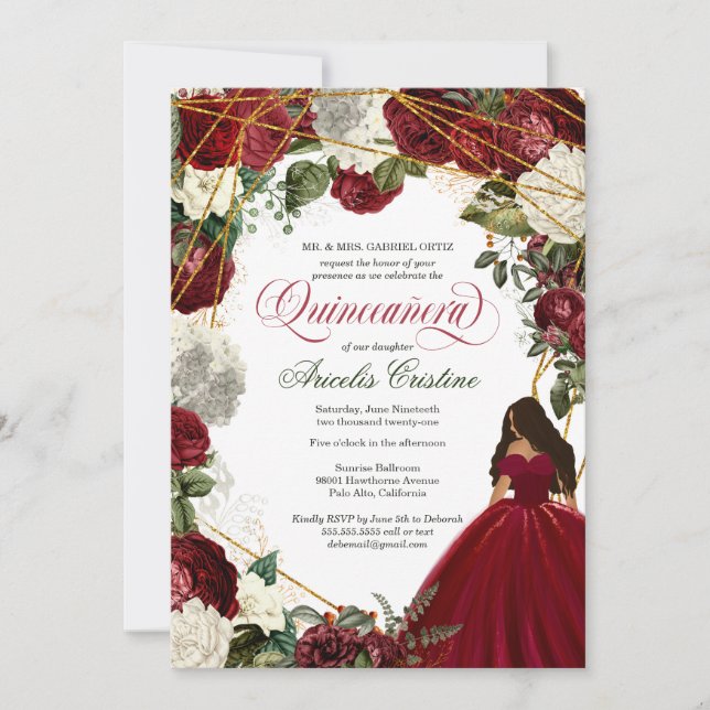 Quinceanera med elegant och burgundära blommigtar inbjudningar (Framsida)